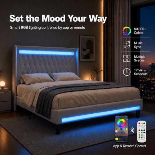 Queen Size Upholstered Bed Frame with LED & Charging Station, Gray, view 5