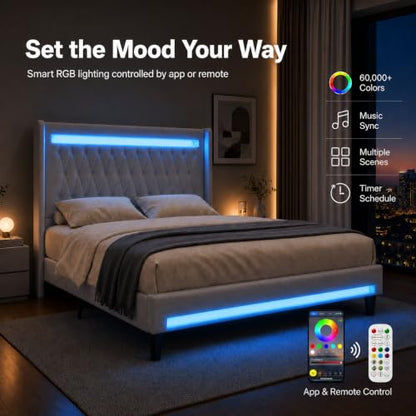 Queen Size Upholstered Bed Frame with LED & Charging Station, Gray, view 5