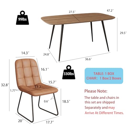 47.2'' Dining Table Set for 4,Modern Wood Dining Table,Leather Dining Chairs 4,Table and Chairs Set of 4,Ideal for Kitchen Dining Room (Walnut Color Table + 4 U-Shaped Brown Chairs, 47.2")
