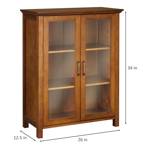 Avery Wooden Freestanding Floor Cabinet with 2 Adjustable Shelves 3 Storage Spaces 2 Glass Paneled Doors and 2 Antique Brass Knobs, Oiled Oak | Freestanding, 2 Adjustable Shelves, 3 Storage Spaces, 2 Glass Paneled Doors, 2 Antique Brass Knobs