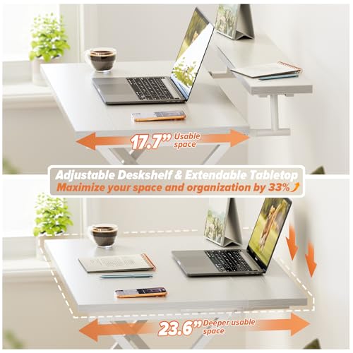 Folding Computer Desk with Adjustable Height, 23.6" x 31.5" x 25.6" Foldable Table with Monitor Stand, Small Office Desk for Bedroom, Space Saving Desk for Home Office, Easy Assemble, White