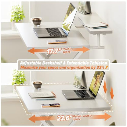Folding Computer Desk with Adjustable Height, 23.6" x 31.5" x 25.6" Foldable Table with Monitor Stand, Small Office Desk for Bedroom, Space Saving Desk for Home Office, Easy Assemble, White