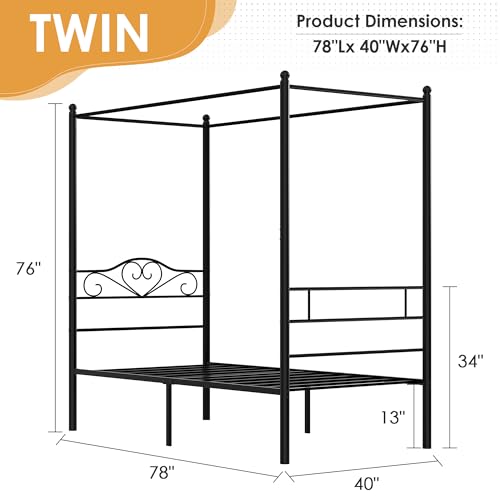 Twin Canopy Bed Frame, Heart-Shaped Headboard, Black, view 3