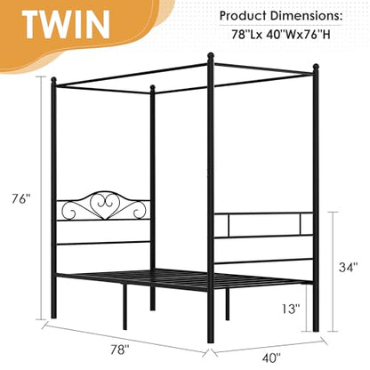 Twin Canopy Bed Frame, Heart-Shaped Headboard, Black, view 3