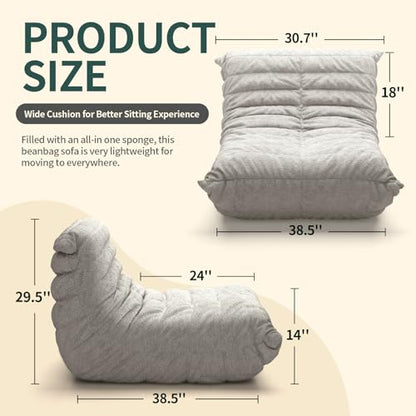 Bean Bag Chairs for Adults, Lazy Sofa Chair with Memory Foam Teddy Velvet Fabric, Large Beanbag Sofa Chair for Bedroom Living Room Dorm Office (Grey)