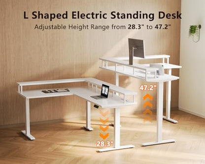 Electric L Shaped Standing Desk, 59 Inch Height Adjustable Stand Up Desk with Power Outlets ＆ Full Monitor Stand, Reversible Corner Desk for Home Office ＆ Computer Workstation, White