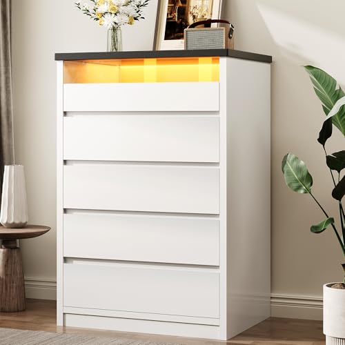 White 5 Drawer Dresser for Bedroom with LED Light & Deep Drawers, view 2
