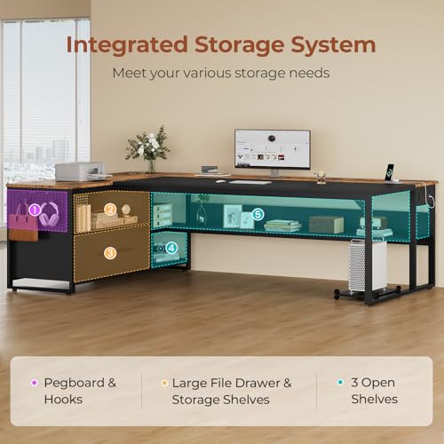 71" Executive Desk, Large Office Desk with Widen File Drawers & Power Outlets, Reversible L Shaped Computer Desk Corner Desk with Storage Shelves, CPU Stand, Hooks, Business Furniture