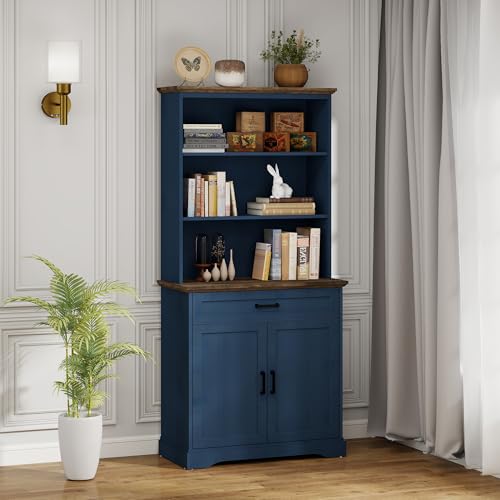 72" Bookcase with Doors & Drawer, Blue Adjustable Bookshelf with Cabinet, view 6