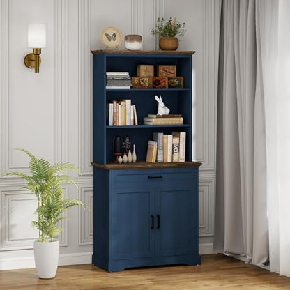 72" Bookcase with Doors & Drawer, Blue Adjustable Bookshelf with Cabinet, view 6