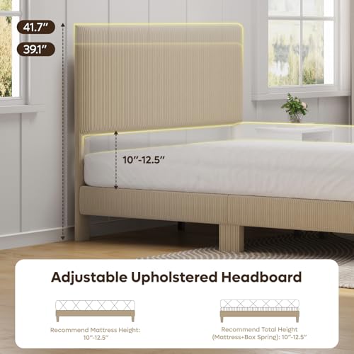 Queen Size Bed Frame with Headboard LED Lighting,Upholstered,Taupe, view 4