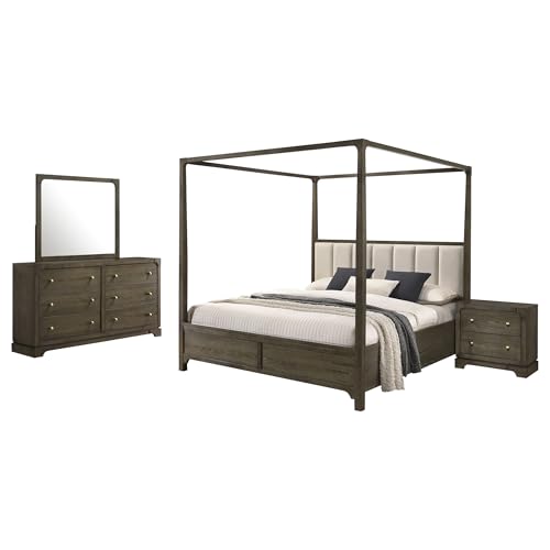 Queen Bedroom Set, 4 Piece Bedroom Set, Dark Rubberwood and Ash Veneer Set, Upholstered Queen Bed with Extra High Beige Headboard, Nightstand, Dresser, Mirror