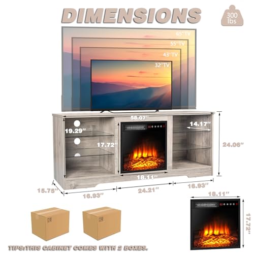58" Fireplace TV Stand for TVs up to 65", Gray, view 3