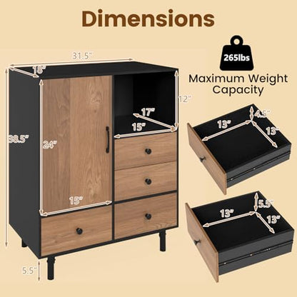 Storage Cabinet with 4 Drawers, Door and Open Compartment, 18" x 31.5" x 38.5" Inches, Metal Support Legs, Freestanding Side Cabinet, Buffet Sideboard for Living Room, Dining Room, Entryway