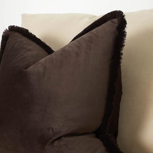 Coffee Velvet Throw Pillow Covers 18x18 Inch Set of 2 with Soft Tassel Fringe Luxury Boho Pillowcase for Sofa Couch Bed Home Decor Machine Washable