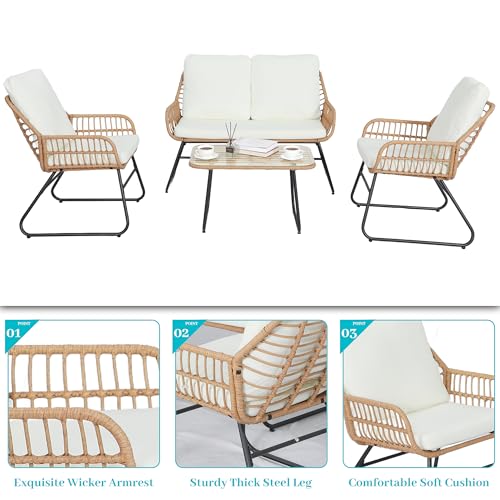 EortheX 4 Pieces Outdoor Patio Furniture Set,Patio Conversation Set,Rattan Wicker Bistro Sets with Loveseat Chairs and Modern Coffee Table for Backyard Deck Balcony and Garden Lounge Spaces - Beige