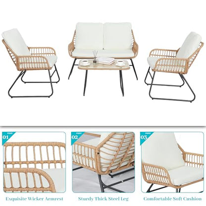 EortheX 4 Pieces Outdoor Patio Furniture Set,Patio Conversation Set,Rattan Wicker Bistro Sets with Loveseat Chairs and Modern Coffee Table for Backyard Deck Balcony and Garden Lounge Spaces - Beige