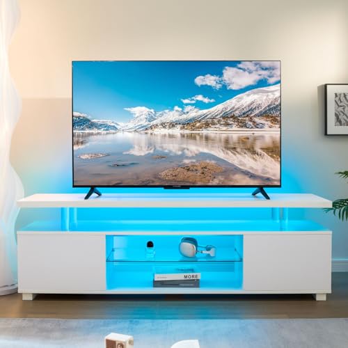 LED TV Stand White Entertainment Center, Gaming Center for 60 65 70inch TV, TV Console with Storage, TV Stands for Gaming Living Room, Bedroom and Playroom