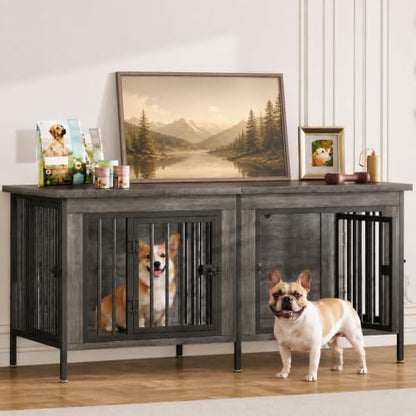 54" Dog Crate Furniture for 2 Dogs with Divider, Gray Wood Grain, view 2