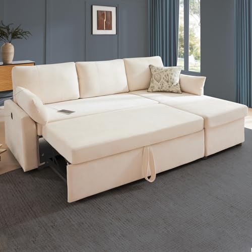 Waxberry 85" L Shaped Sectional Sofa Couch, Pull Out Couch Sleeper Sofa Bed for Living Room, Soft Chenille Deep Seat Sofa, Reversible Chaise, Storage, Side Pockets & Dual USB/Type-C Ports, Beige