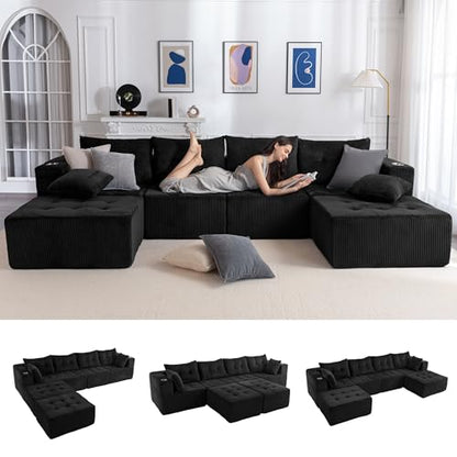 129.5" Modular Sectional Sofa Couch, U Shaped Modern Cloud Couch with 2 Ottomans, Sofa in A Box, Tufted 6-Seat Boneless Chair for Living Room, No Assembly Required, Black