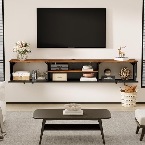 70" Farmhouse Floating TV Stand with Filp Doors for TVs up to 90", Black, view 4