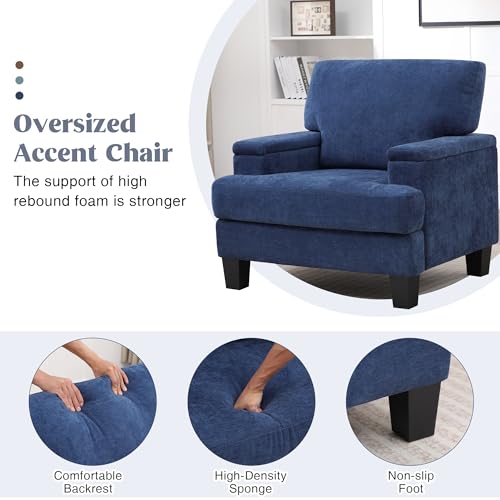 Accent Chair with Storage Armrest, Modern Upholstered Reading Living Room Chairs, Comfy Large Armchair, Fabric Single Sofa Chair for Bedroom (Blue)