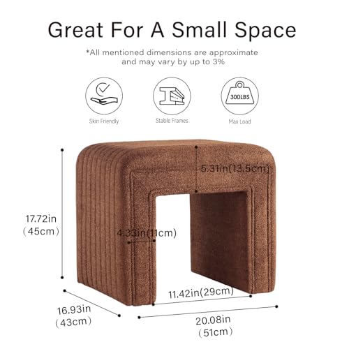 Vanity Stool Chair,Modern Boucle Ottoman Foot Stool with Wooden Legs Sofa Bench Footstool Extra Seat for Vanity,Makeup Room,Living Room,Entryway,Office (Fully Assembled) (Brown)