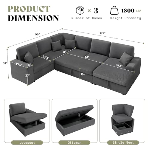 129 Inch Sectional Couches for Living Room,Sectional Sofa with Storage & Ottoman,Modular Sectional Couch Converts to Sleeper,Cloud Couch Sectional for Large Space with Corduroy,Grey