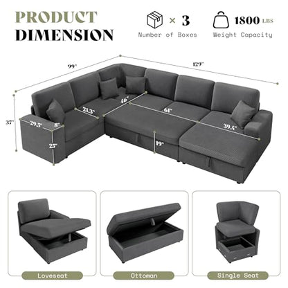 129 Inch Sectional Couches for Living Room,Sectional Sofa with Storage & Ottoman,Modular Sectional Couch Converts to Sleeper,Cloud Couch Sectional for Large Space with Corduroy,Grey