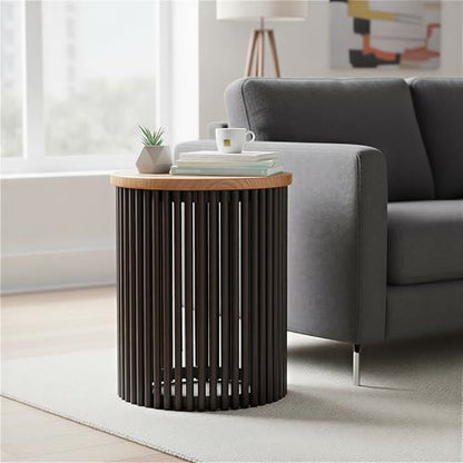 Demy Accent Table - 18 inch Wide Solid Mango Wood and Metal Round Side Table in Earthtone/Ebony, Modern End Table for Living Room or Bedroom with Slatted Base Design, Assembled