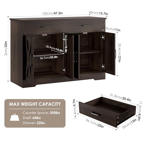 Buffet Cabinet with Storage, 47.2" Kitchen Sideboard Buffet with Drawers, Modern Farmhouse Coffee Bar Station with Shelves, Barn Doors Storage Cabinet for Living Room, Dark Brown
