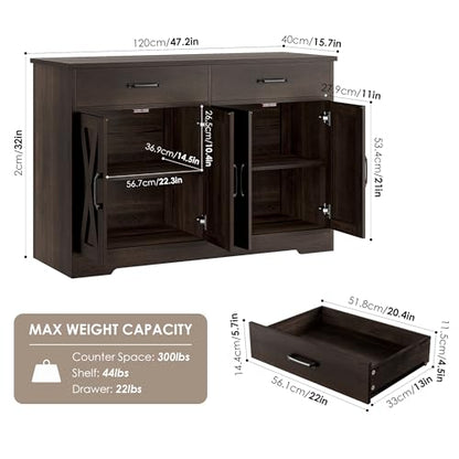 Buffet Cabinet with Storage, 47.2" Kitchen Sideboard Buffet with Drawers, Modern Farmhouse Coffee Bar Station with Shelves, Barn Doors Storage Cabinet for Living Room, Dark Brown