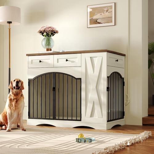 Stylish Farmhouse Dog Crate Furniture with Storage Drawers, view 2