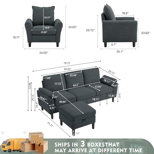 79" Convertible Sectional Sofa Set, Modern Linen Small L Shaped Couch with Reversible Ottoman and Accent Chair, 3-Seat Sofa Couches for Living Room, Office, Apartment, Dark Grey