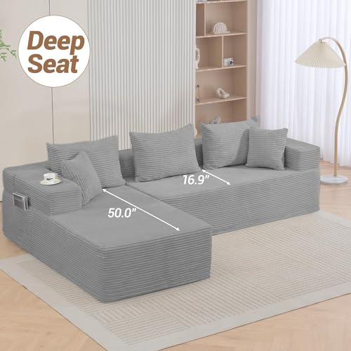 105'' Cloud Sectional Couch, Modular L-Shaped Boneless Sectional Sofa, Corduroy Deep Seat Couch, Small Space Sofas for Living Room Bedroom Apartment, No Assembly, Grey