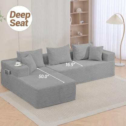 105'' Cloud Sectional Couch, Modular L-Shaped Boneless Sectional Sofa, Corduroy Deep Seat Couch, Small Space Sofas for Living Room Bedroom Apartment, No Assembly, Grey