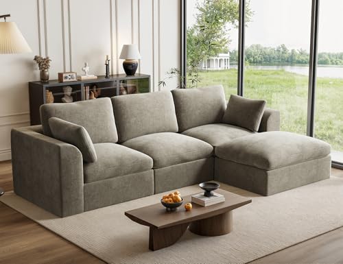 110" Cloud Sectional Couches for Living Room, Convertible L Shape Boneless Couch with Ottoman, Oversized Modular Cloud Sofa Set, 3 Seat Deep Comfy Sofa for Bedroom Apartment, Chenille (Light Brown)