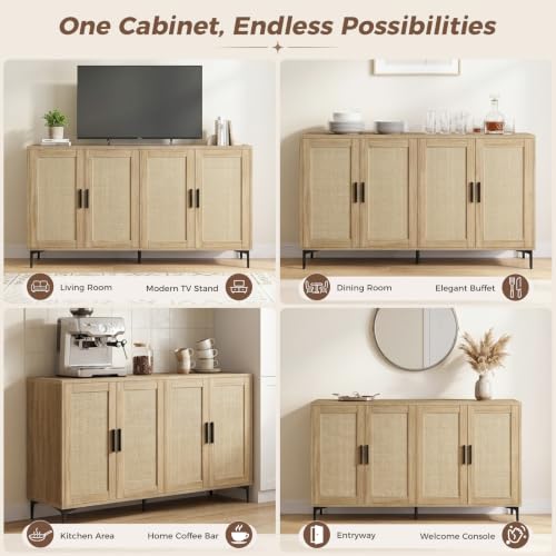 Sideboard Buffet Cabinet with Storage, Rattan Boho Modern Credenza, view 4