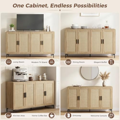 Sideboard Buffet Cabinet with Storage, Rattan Boho Modern Credenza, view 4