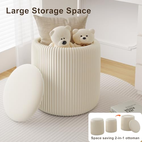 Round Ottoman with Storage Set of 2, White Vanity Stool, Upholstered Velvet Storage Ottomans, Makeup Chair Seat for Bedroom, Small Pouf Footstool for Living Room