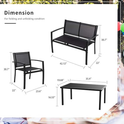 4 Pieces Patio Furniture Set All Weather Textile Fabric Outdoor Conversation Set, with Glass Coffee Table, Loveseat, 2 Single Chairs for Home, Garden, Lawn, Porch（Black）