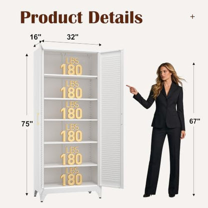 Kitchen Pantry Cabinet,75" Metal Storage Cabinet with Doors and 5 Adjustable Shelves,White Tall Locker Organizer Steel Garage Cabinets for Tool,File Cabinet for Office,Kitchen,Garage,School