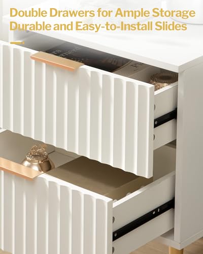 Night Stand Set 2, Fluted Glossy Nightstands Set of 2 with Drawers | Wide Modern White Storage Bedside Table for Bedroom, End Side Table with Golden Metal Legs and Handles, 2 Pieces
