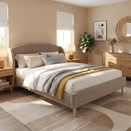 Queen Upholstered Bed Frame with Wingback Headboard, Taupe, view 4