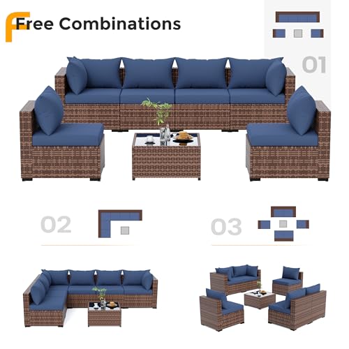 Patio Furniture Set Modular Outdoor Sectional 7 Piece Wicker Patio Set, Multiple Combinations Sectional Sofa w/Coffee Table, Navy Blue