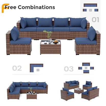 Patio Furniture Set Modular Outdoor Sectional 7 Piece Wicker Patio Set, Multiple Combinations Sectional Sofa w/Coffee Table, Navy Blue