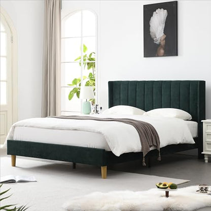 Queen Bed Frame，Platform Bed with Upholstered Headboard，Ink Green, view 2
