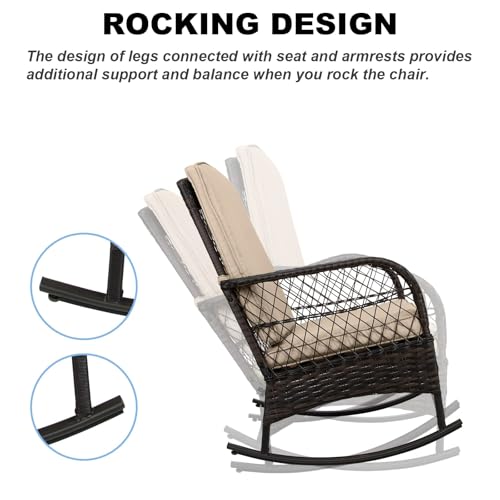 3 pcs Rocking Bistro Set Conversation Chairs PE Wicker Outdoor Rocking Chairs & Glass Table,for Porch Lawn Garden Backyard Deck(Rocking Set,Khaki)
