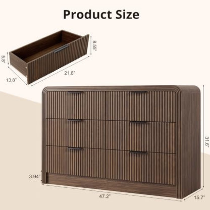 Fluted 6-Drawer Dresser Modern Wood Chest Organizer with Anti-Tip, view 3